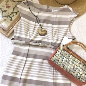 Calvin Klein Beige and White Striped Midi Dress